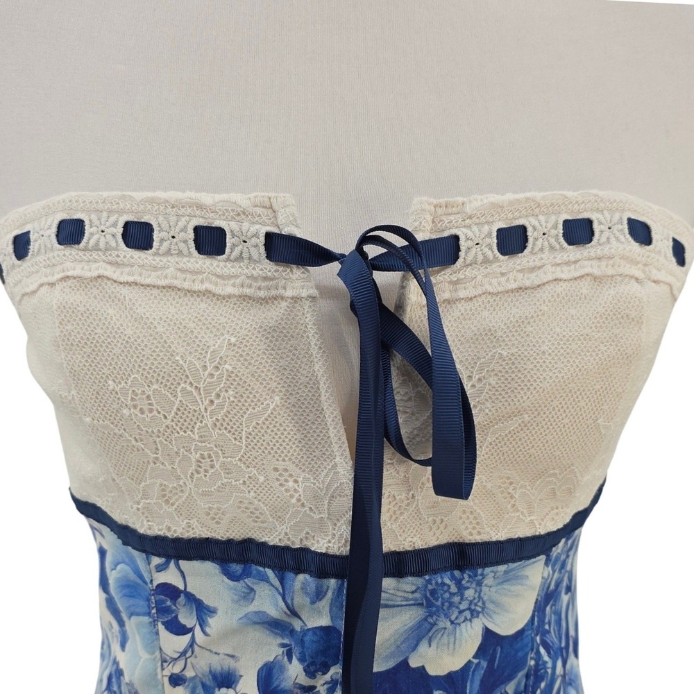Anthropologie Maeve Women S Toile Floral Strapless Tie Front Mini Dress NWT Blue - Picture 4 of 16